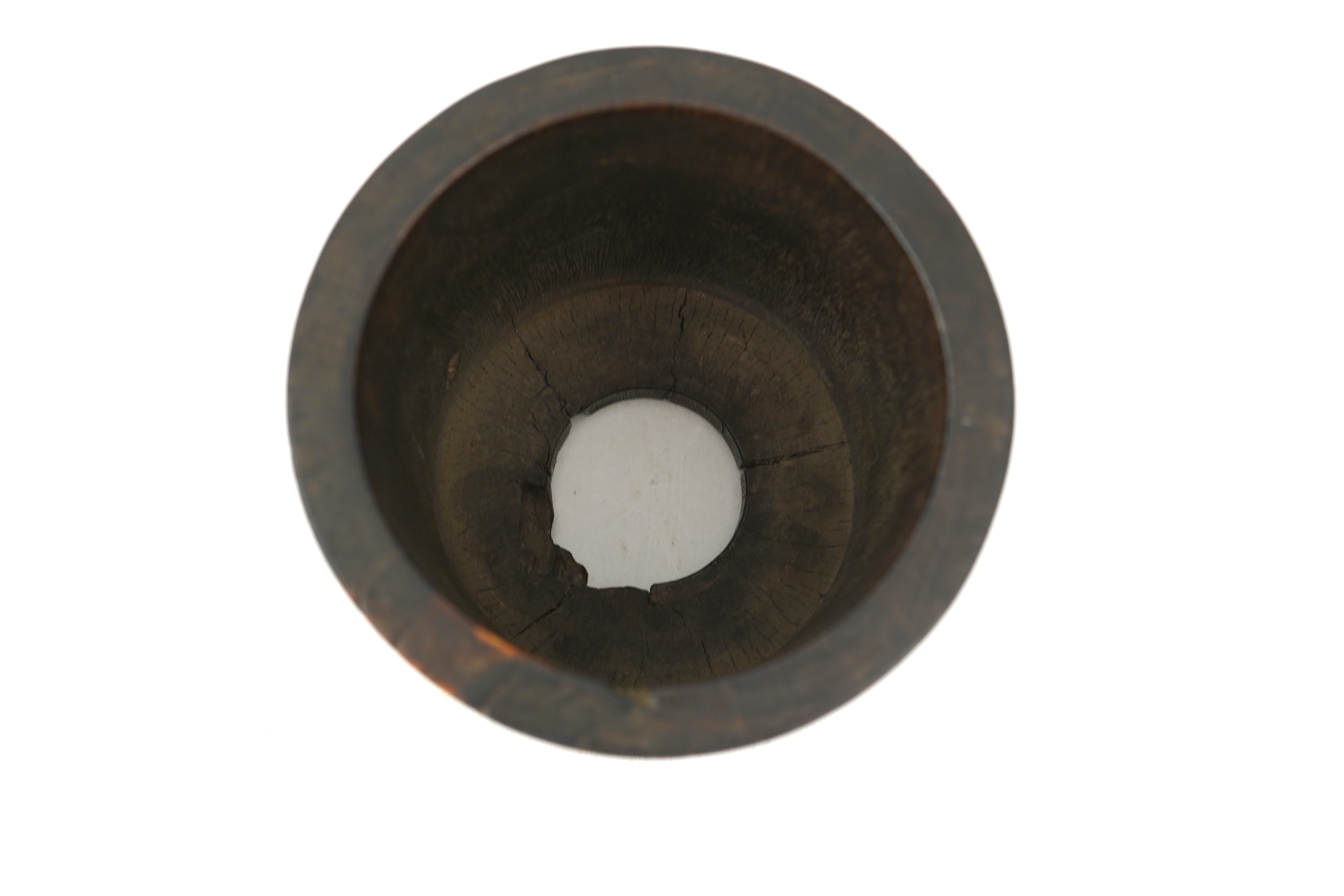 A Chinese soapstone and mother-of-pearl inlaid hardwood brushpot, possibly zitan
